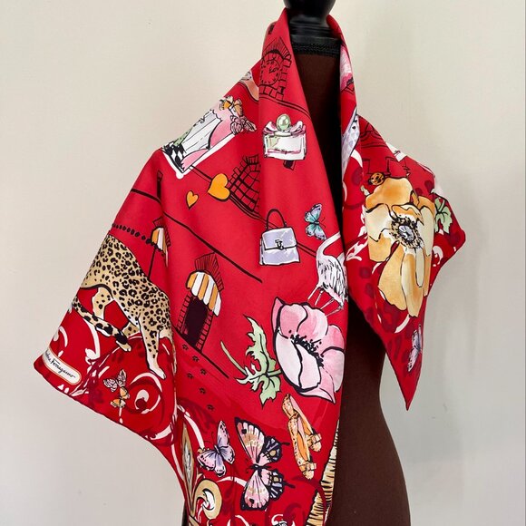Salvatore Ferragamo Icone Red Multicolor Silk Scarf - Picture 1 of 16